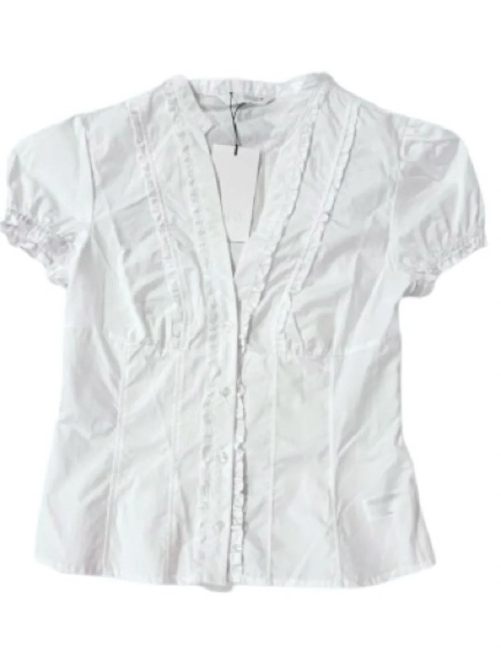 🆕- ZARA White Cotton Ruffle Front Fitted Top. Size: small